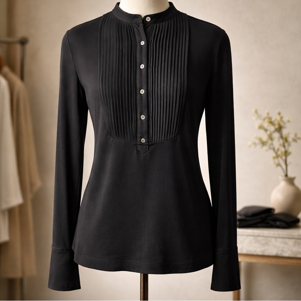 J. Crew Black Pintuck Button-Down Long Sleeve Top